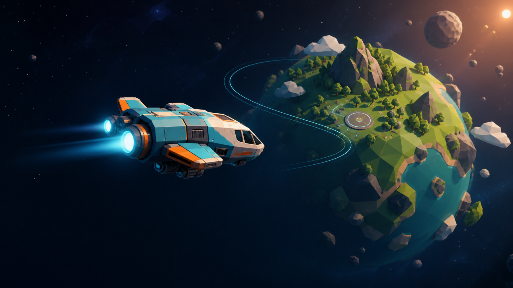 A shuttle following an orbital path toward a planet landing site