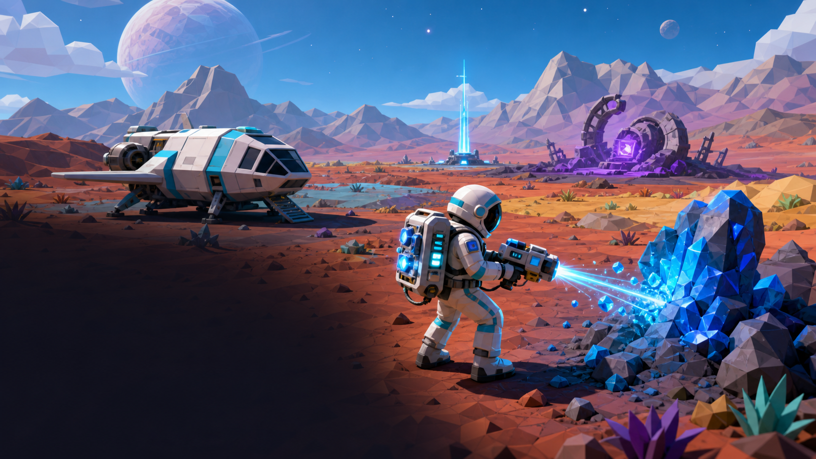 An astronaut extracting a mineral beside a shuttle and artifact cache